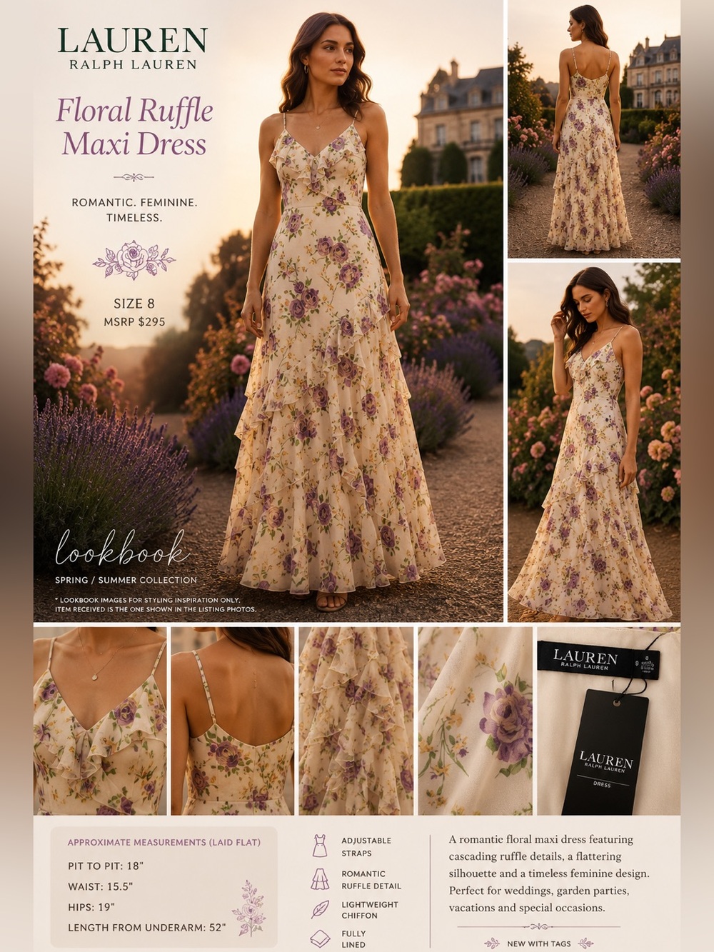 NWT Lauren Ralph Lauren Floral Chiffon Ruffle Maxi Dress Size 8 MSRP $295